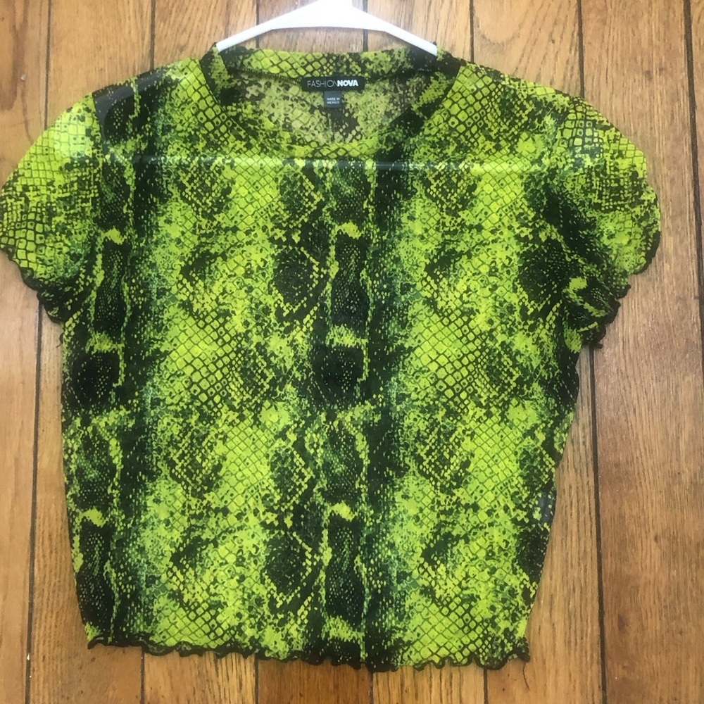 Fashion Nova Neon Green Snakeskin Mesh Crop Top -size large